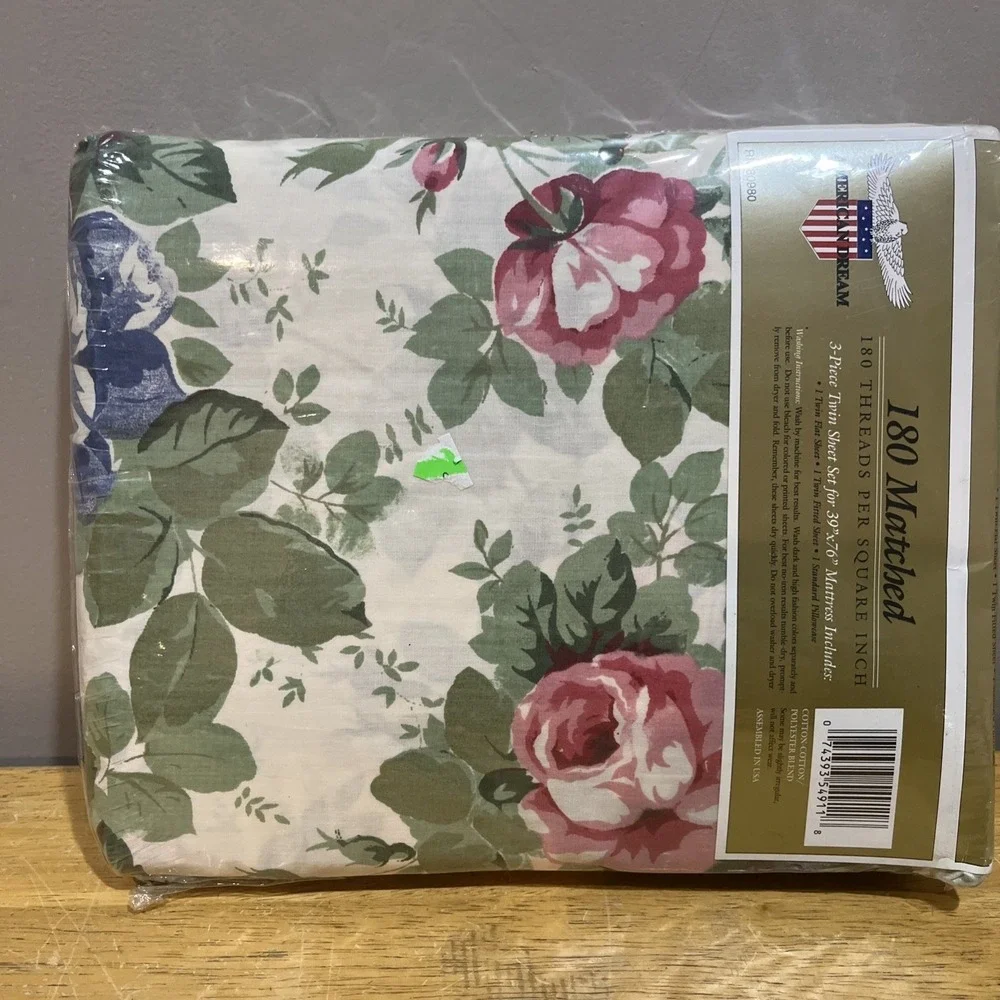 Vtg American Dream Cabbage Rose Floral Cottagecore Twin Sheet‎ Set Flower NOS